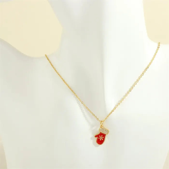 christmas jewelry gold necklace with red mitten pendant