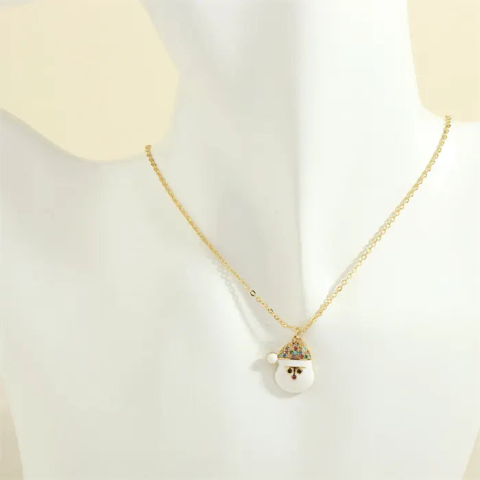 christmas jewelry gold necklace with white enamel santa face charm