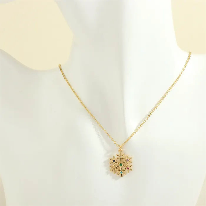 christmas jewelry gold necklace with multicolor snowflake pendant