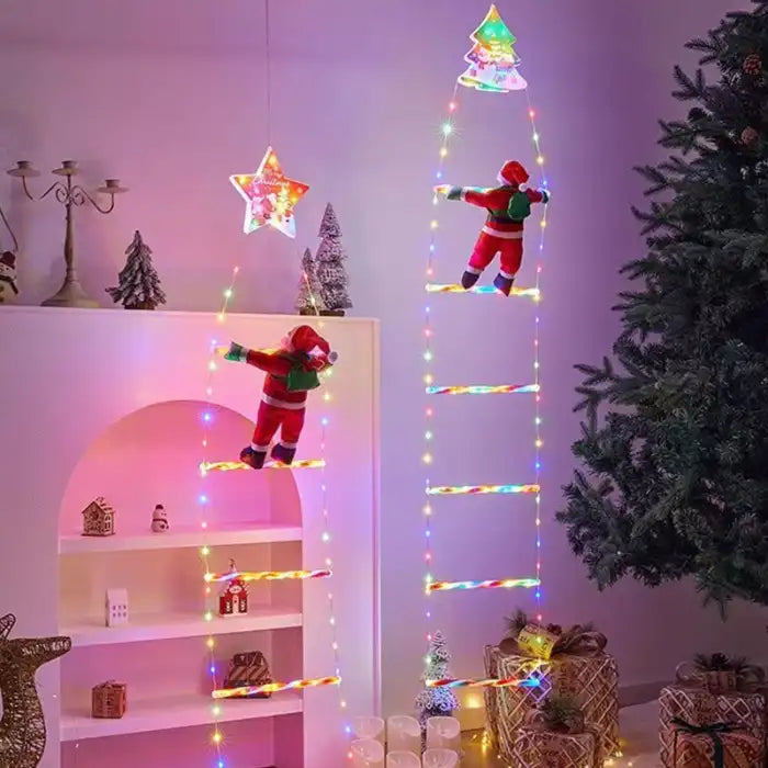 Christmas ladder lights featuring two Santas climbing indoors with glowing stars and gift boxes.