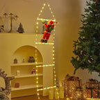 Christmas ladder lights with Santa climbing indoors near tree, candles, gifts, and shelf décor.