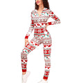 Stylish Christmas onesie with festive patterns in red and green. Ideal for cozy winter lounging.