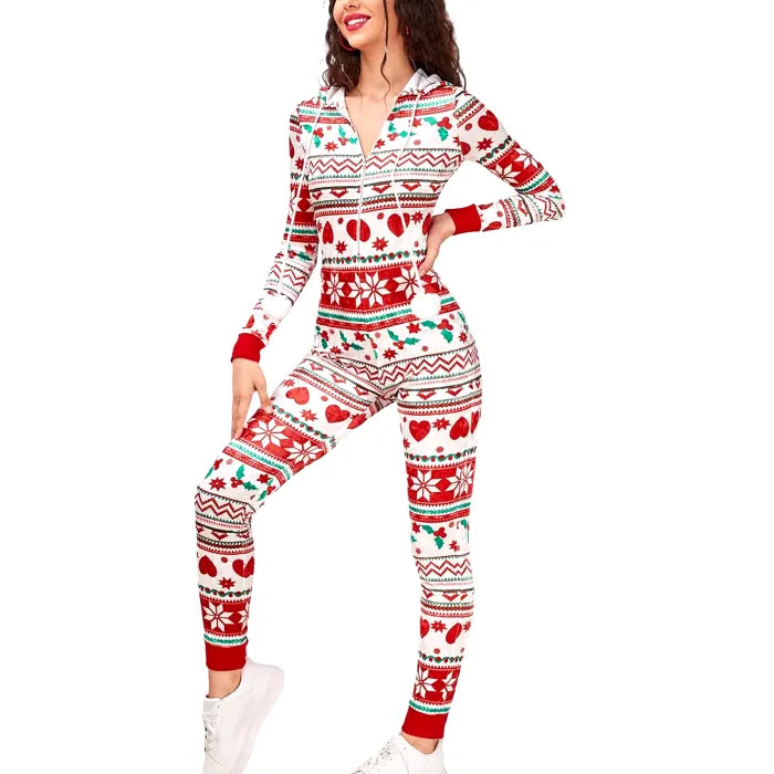 Stylish Christmas onesie with festive patterns in red and green. Ideal for cozy winter lounging.