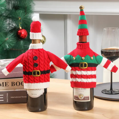 Festive knitted wine bottle covers featuring Santa and elf designs with bells and buckles for holiday wine gifting