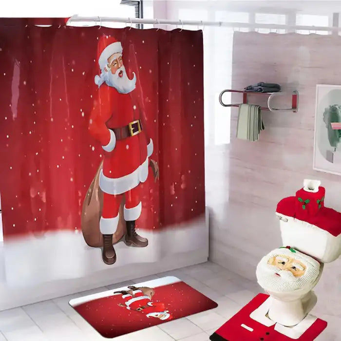Christmas shower curtain bathroom set with Santa design and matching toilet seat cover in red theme