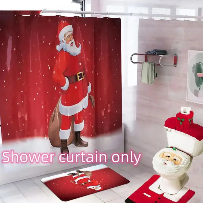 Christmas shower curtain with red Santa design shown without matching accessories for display clarity