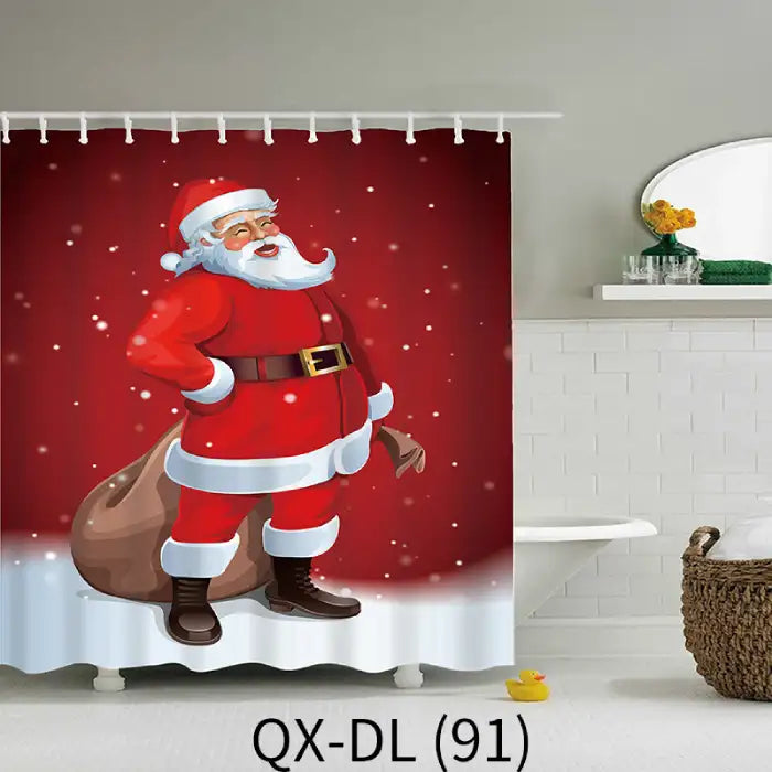 Christmas shower curtain with Santa holding gift sack on red snowflake background in modern bathroom