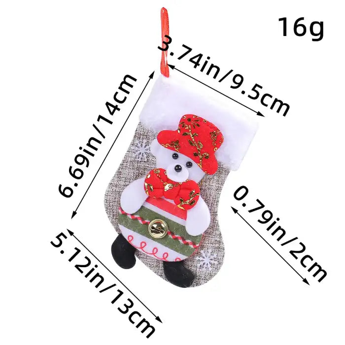 : Christmas stockings featuring festive bear design with red hat and bowtie, shown with accurate size chart.