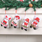 Christmas stockings hanging on fireplace with Santa, reindeer, snowman, and bear designs in red and white.
