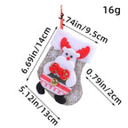 Christmas stockings with reindeer character in red bowtie and antlers, shown with full sizing dimensions.