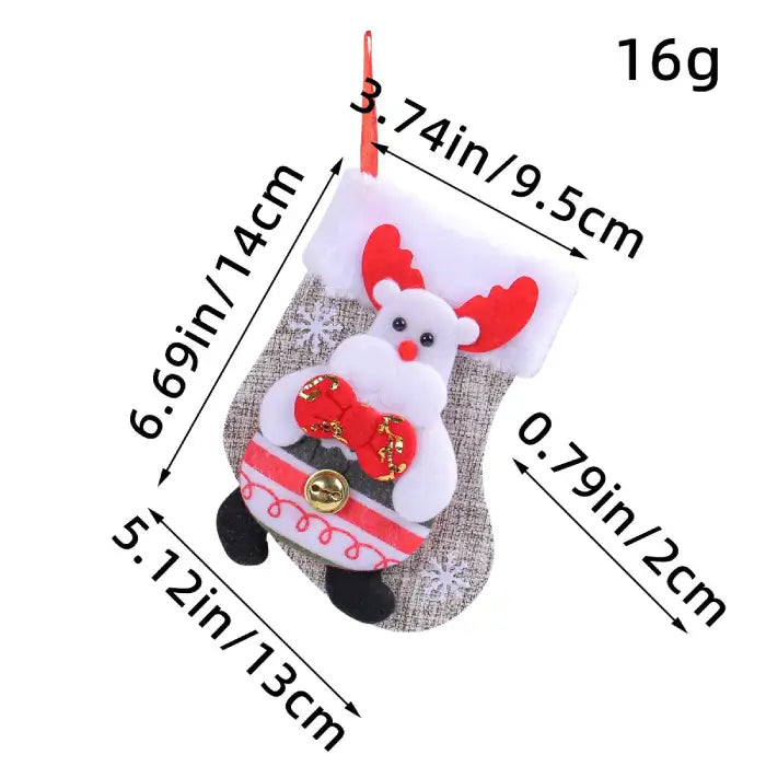 Christmas stockings with reindeer character in red bowtie and antlers, shown with full sizing dimensions.