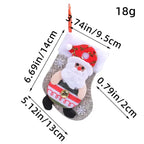 Christmas stockings with Santa Claus design showing measurements and red hanging loop detail.