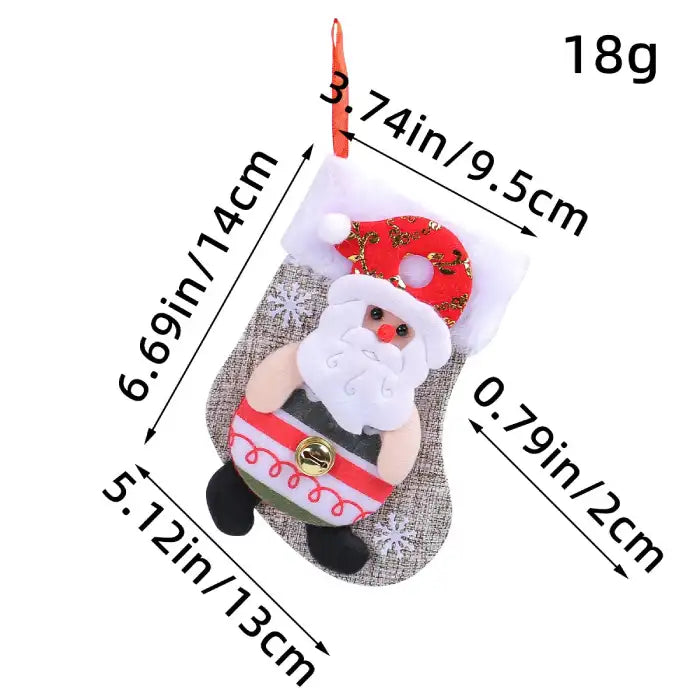 Christmas stockings with Santa Claus design showing measurements and red hanging loop detail.