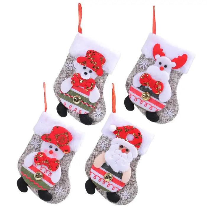 Christmas stockings set of four with snowman, reindeer, Santa, and bear designs in red festive colors.