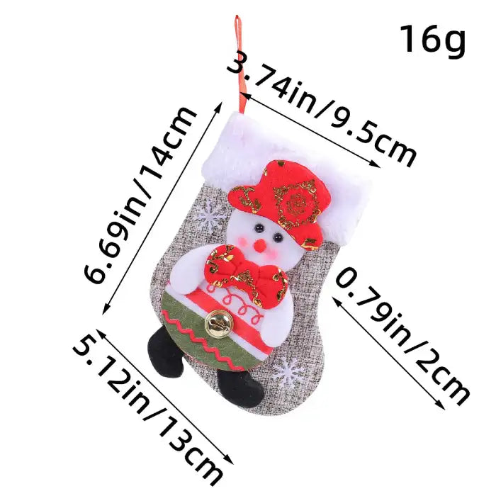 Christmas stockings featuring snowman design with red hat and bowtie alongside detailed size measurements.