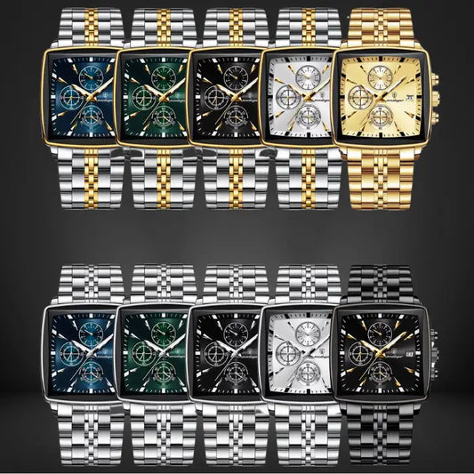 collection of square chronograph watches in various colors, including black, blue, green, gold, and silver