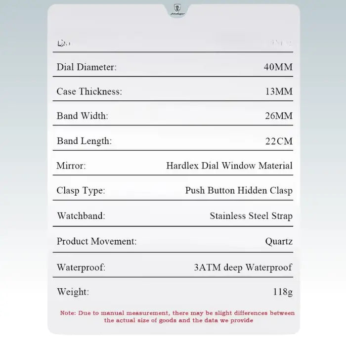 specifications of the chronograph watch, including stainless steel band, 3ATM water resistance, quartz movement, and Hardlex glass dial
