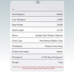specifications of the chronograph watch, including stainless steel band, 3ATM water resistance, quartz movement, and Hardlex glass dial