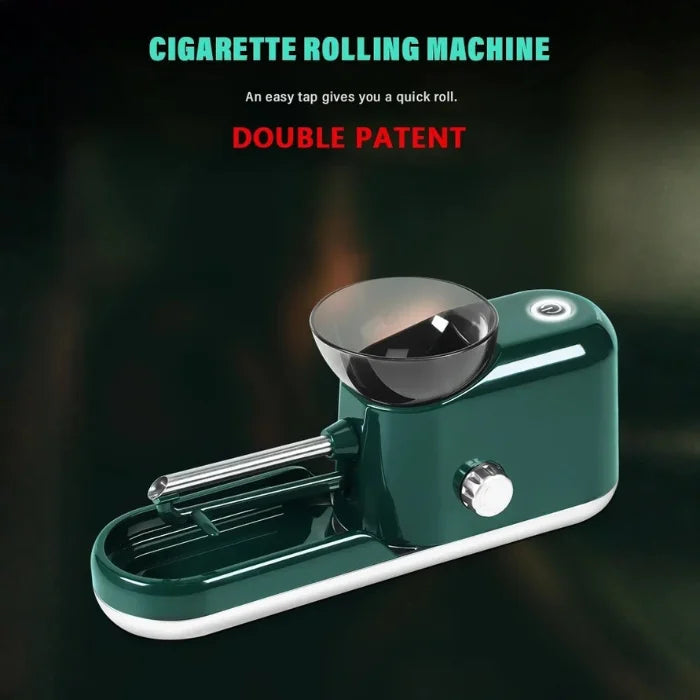 Cigarette Rolling Machine in green shown with text highlighting quick roll feature and double patent claim.