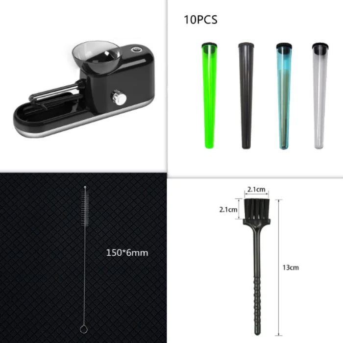 Cigarette Rolling Machine with accessories including tubes, cleaning tools, and a black model on display.