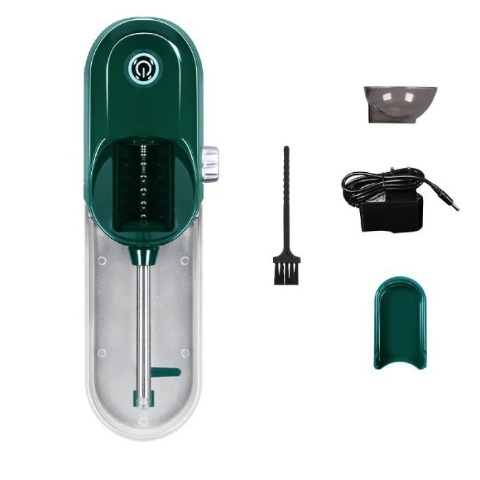 Cigarette Rolling Machine kit with green device, brush, funnel, tray, and charger displayed flatlay.