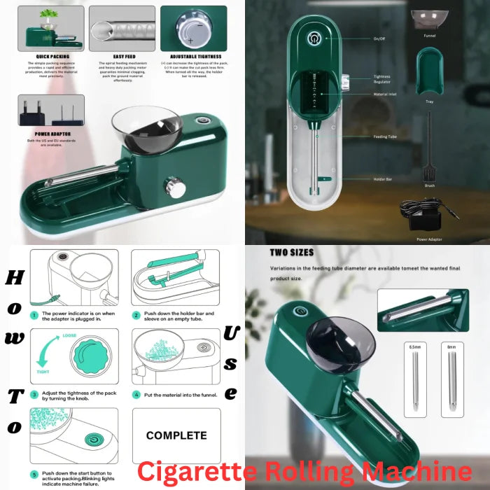 Cigarette Rolling Machine features collage including steps, parts, tube sizes, and operation instructions.