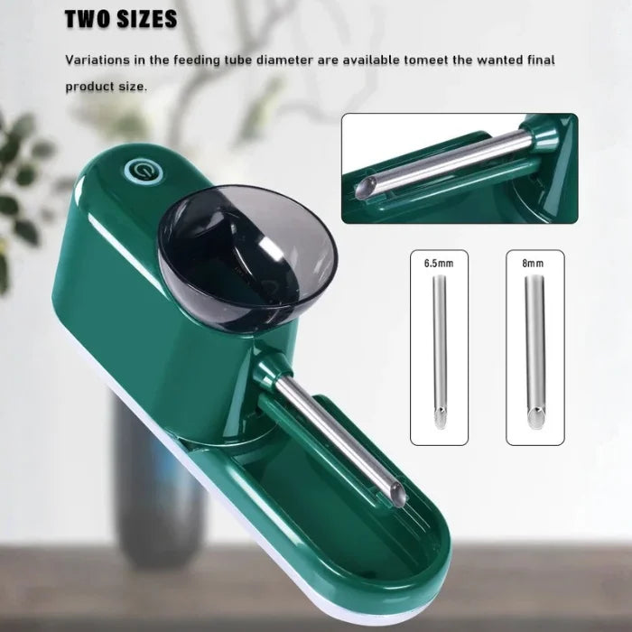 Cigarette Rolling Machine displayed with two feeding tube options: 6.5mm and 8mm for size variation.
