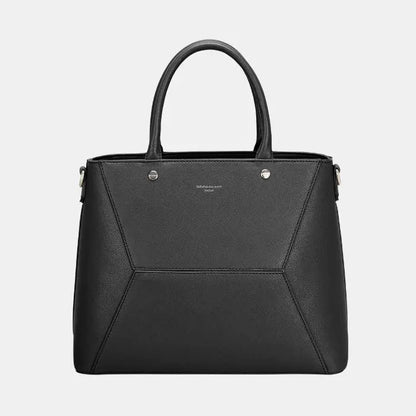  Professional black leather tote with angular paneling and silver hardware details