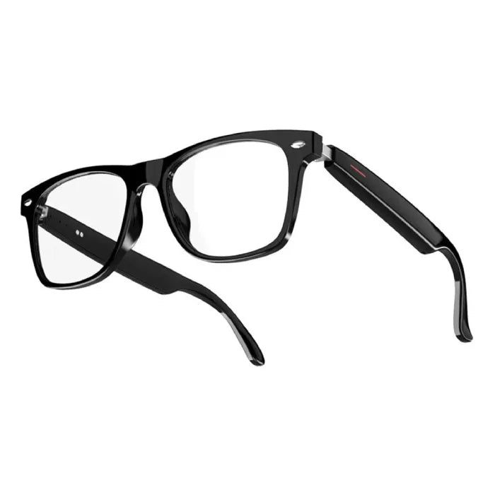 Detailed view of classic black smart glasses with precise dimensions and smart features.