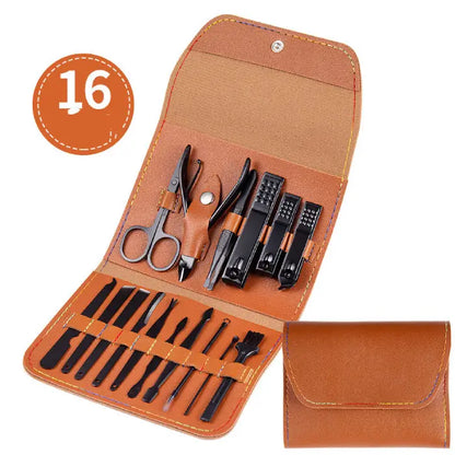 16-piece manicure set in brown leather folding case with complete nail care tools