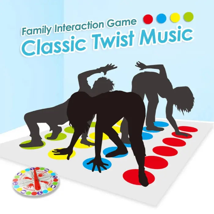 Family interaction game promotional image showing silhouettes playing classic twister with colored dots on light blue background