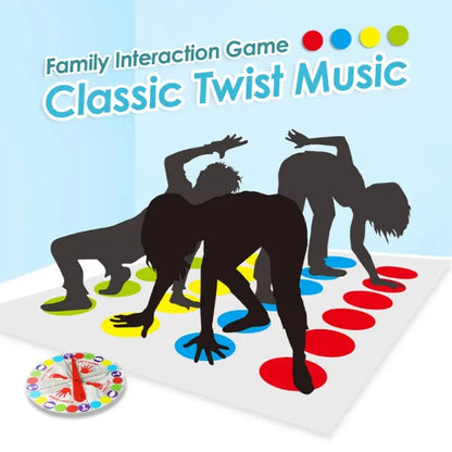 Family interaction game promotional image showing silhouettes playing classic twister with colored dots on light blue background