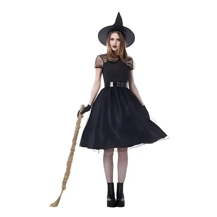Classic witch Halloween costume with black flared dress, belt, and broom.