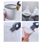  Four-panel demonstration showing cleaning brush being used on cups, bottle nipples, and kitchen tools