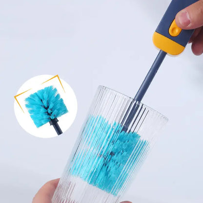 Demonstration of cleaning brush being used to clean inside a ribbed glass with inset product detail