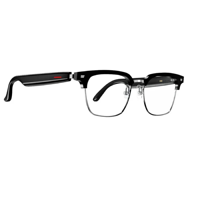 Isolated view of stylish bifocal glasses with clear and black frame.