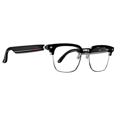 Isolated view of stylish bifocal glasses with clear and black frame.