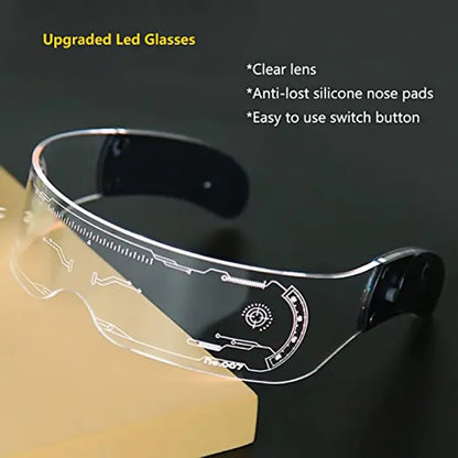 Clear lens LED glasses with a futuristic design, featuring an easy-to-use button for mode selection.