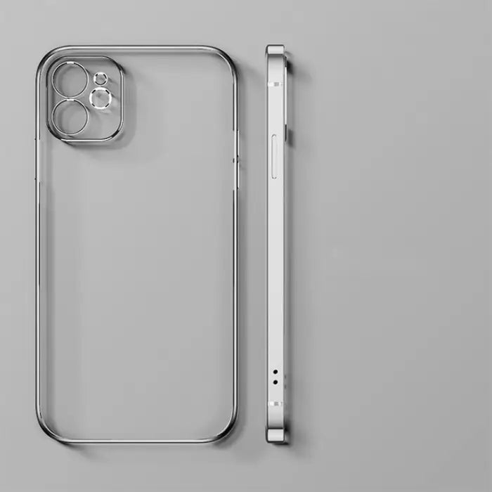 Premium silver transparent phone case with sleek edges and camera cutout displayed on a neutral gray background.