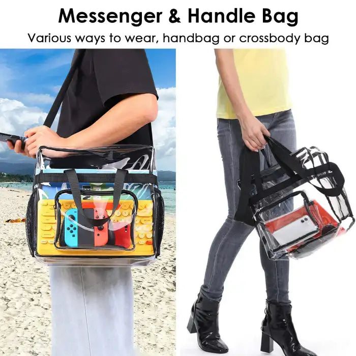 Clear stadium tote bag worn as crossbody and handbag, shown in different carrying positions.