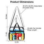 Clear stadium tote bag with detailed measurements including strap and handle lengths.