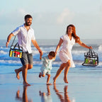 Clear stadium tote bag carried by family on beach day, highlighting its stylish and functional use.