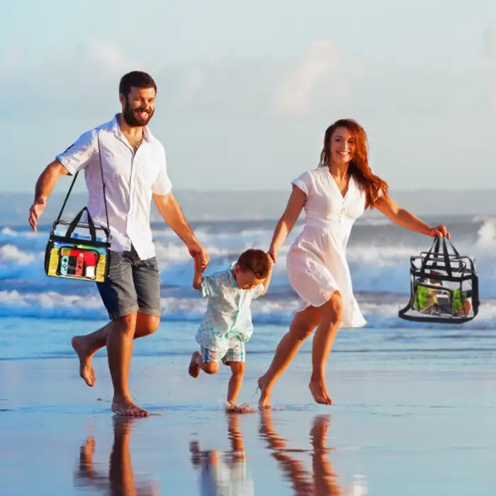 Clear stadium tote bag carried by family on beach day, highlighting its stylish and functional use.