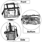 Clear stadium tote bag shown from front, side, and bottom for complete visual overview.