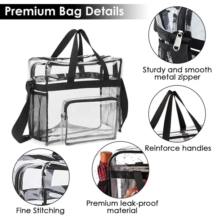 Clear stadium tote bag with premium zippers, reinforced handles, leak-proof PVC, and fine stitching.