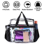 Clear stadium tote bag showing four pockets, clear PVC, water resistance, and 11lbs max load.