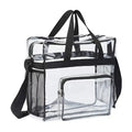 Clear stadium tote bag shown at an angle highlighting mesh pockets, front zipper, and shoulder strap.