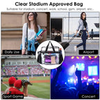 Clear stadium tote bag displayed in use at concerts, sports events, airports, and daily activities.