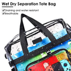 Clear stadium tote bag with water droplets showcasing water-resistant and breathable features.