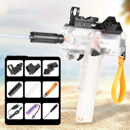 Transparent water gun with orange strap and accessory set, perfect for water battle fun.